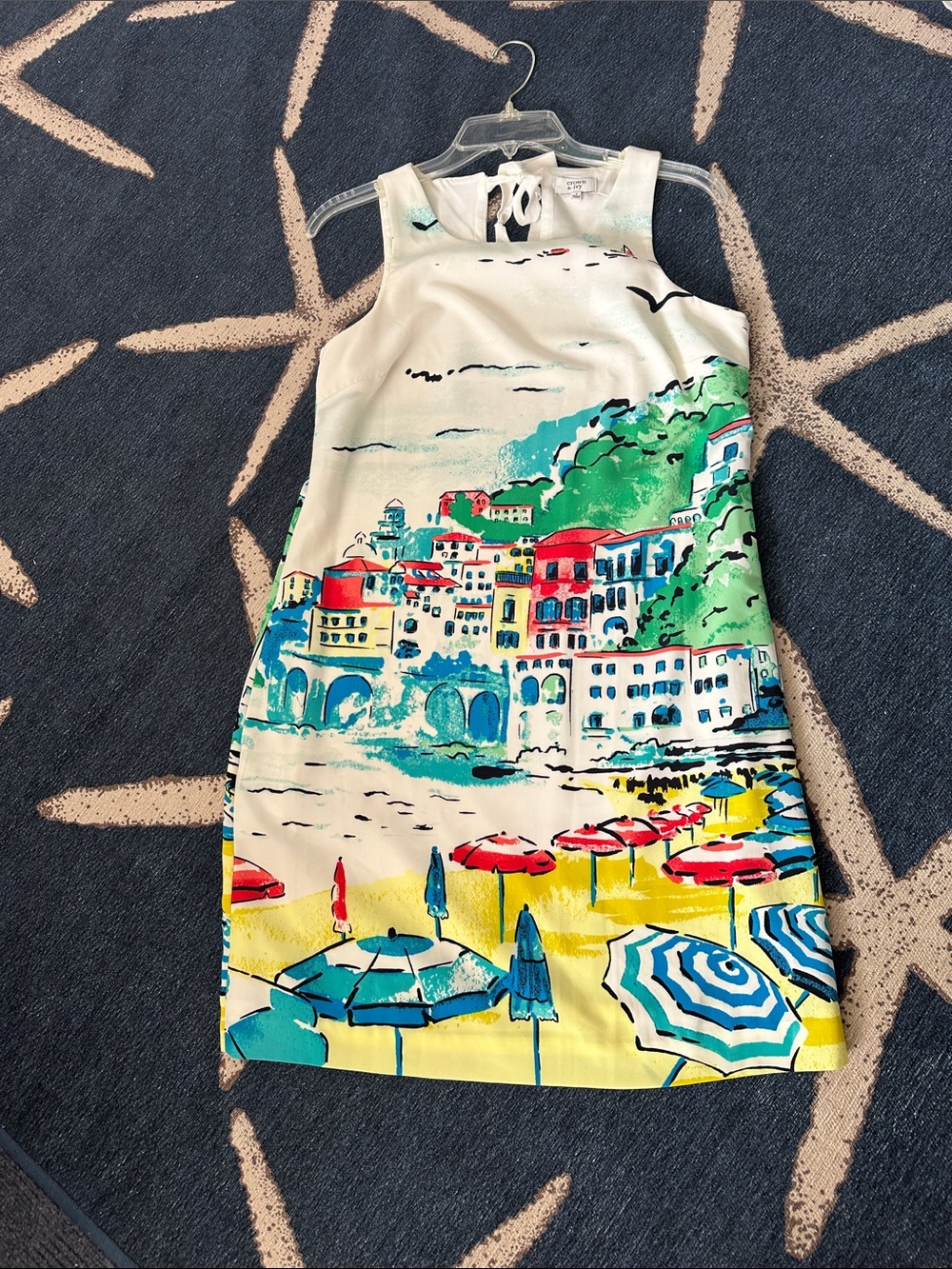 Scenic European Beach Print Shift Dress with Umbrella Motif